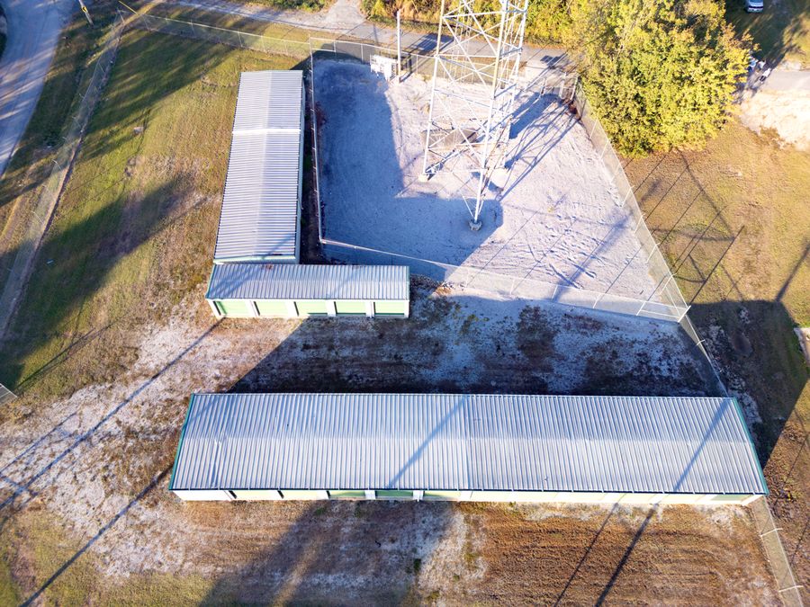 Overhead drone view of the Store Base buildings and lot
